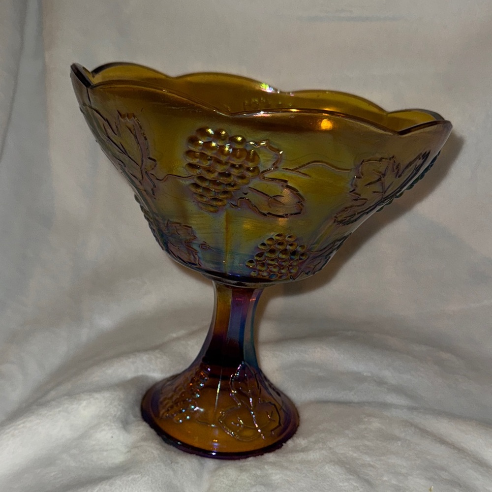 Vintage Indiana Marigold Carnival Glass "Harvest Grape" Pedestal Compote Bowl